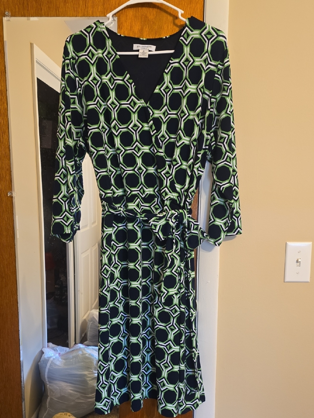 Liz Claiborn Navy and Green Geometric Wrap Dress